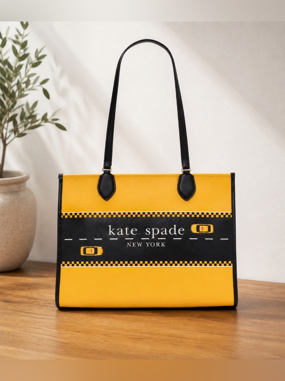 Kate Spade New York Manhattan Taxi Print Tote – Yellow/Black Smooth Leather NWT